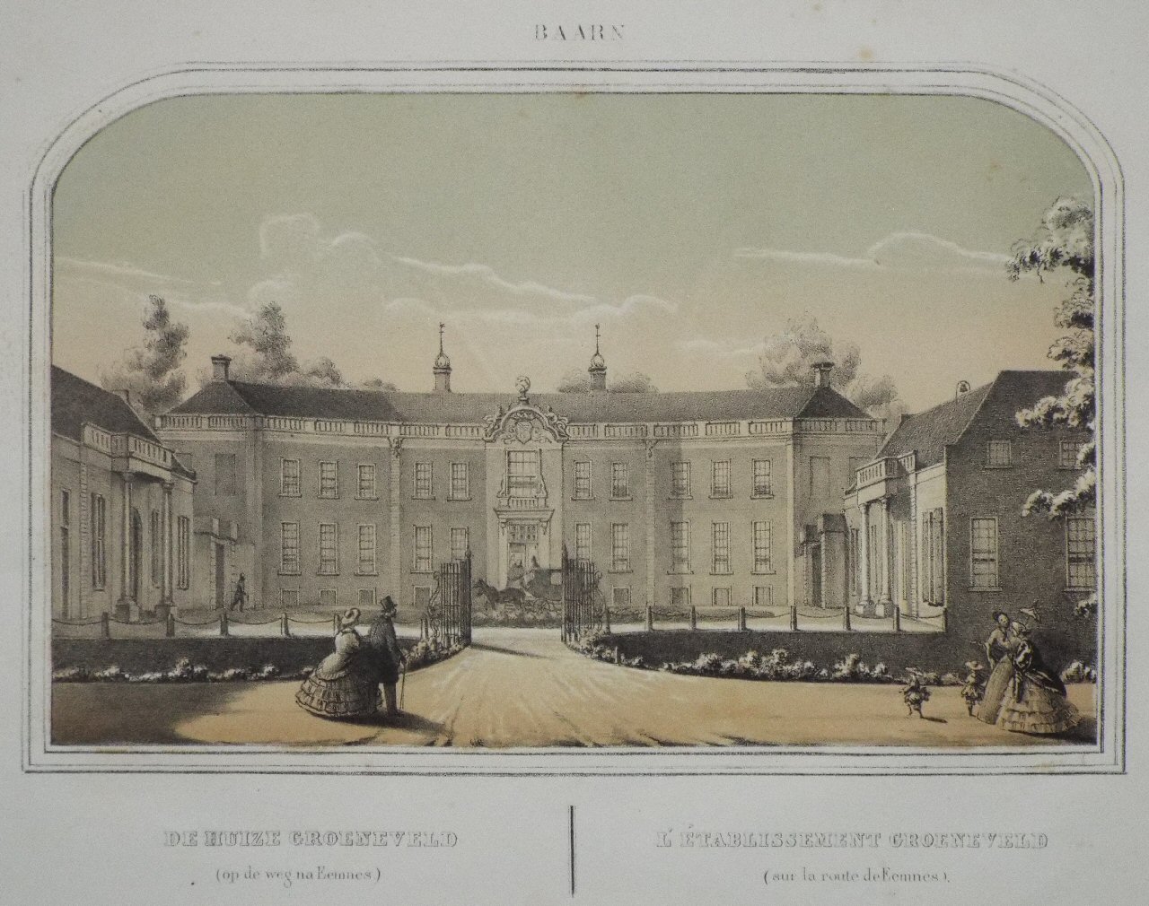 Lithograph - Baarn. De Huize Groeneveld (op de weg na Eemnes.) L'Establissement Groeneveld (sur la route de Eemnes).